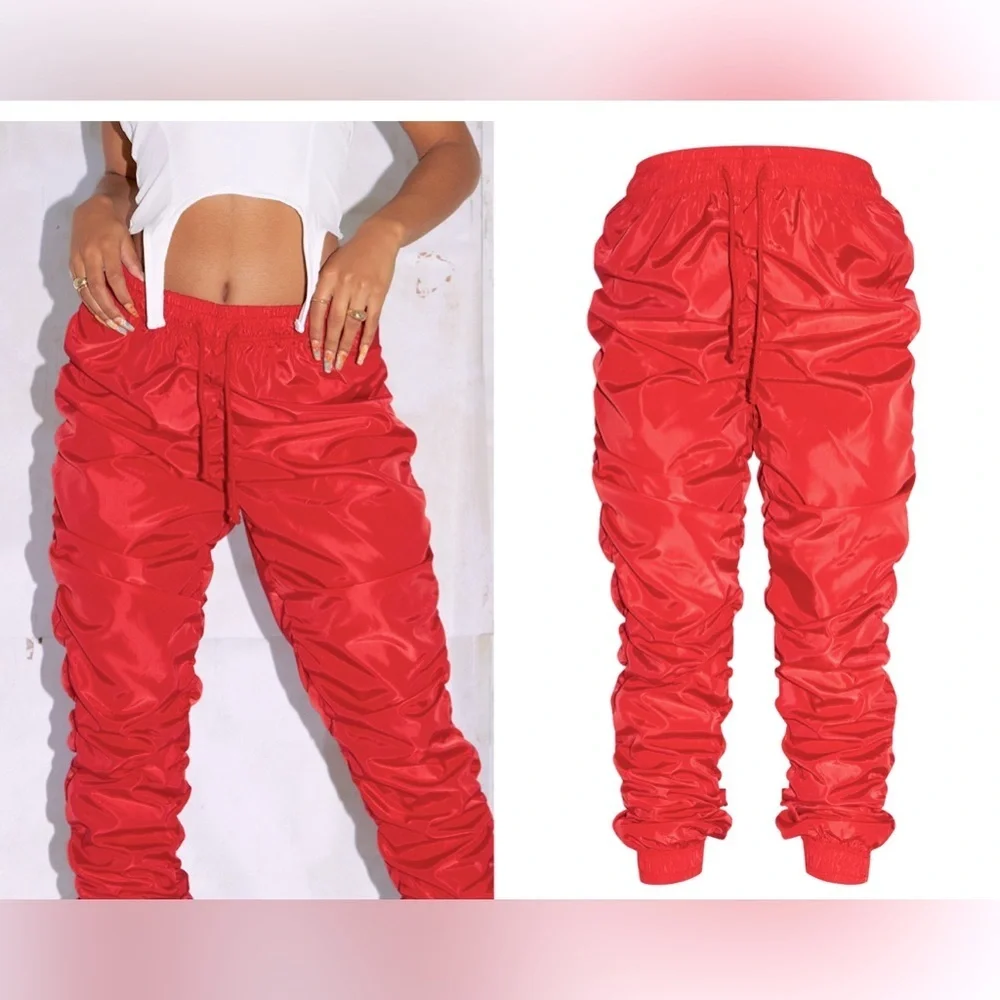 Red Shell Ruched Drawstring Joggers - Size 8 - Picture 8 of 12